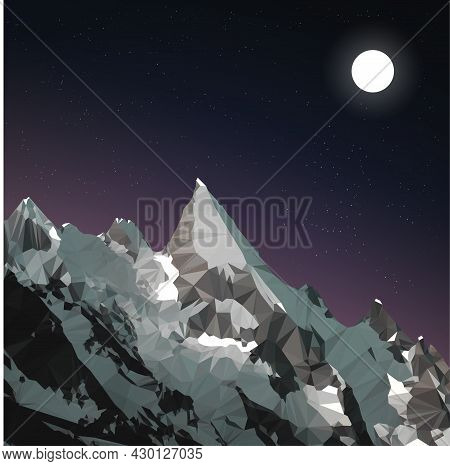 Vector Illustration Of A Starry Sky And Mountains. Icon Or Natural Mascot. Twilight And Mountains. R