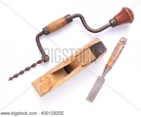 Carpenter chisel and plae tool isolated on white background. Woodworking joiner tool