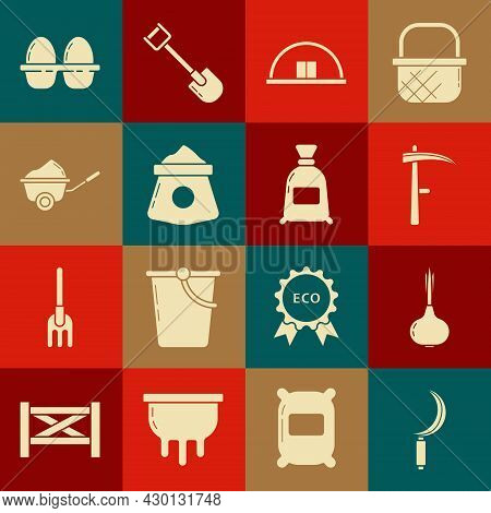 Set Sickle, Onion, Scythe, Hangar, Bag Of Flour, Wheelbarrow With Dirt, Chicken Egg In Box And Icon.