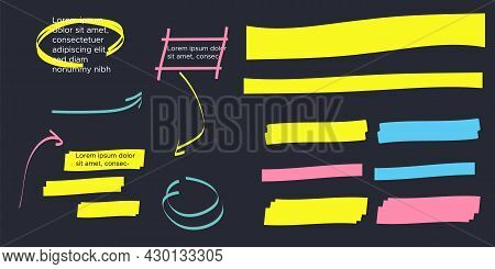Vector Highlighter Elements. Yellow Marker Text Selection