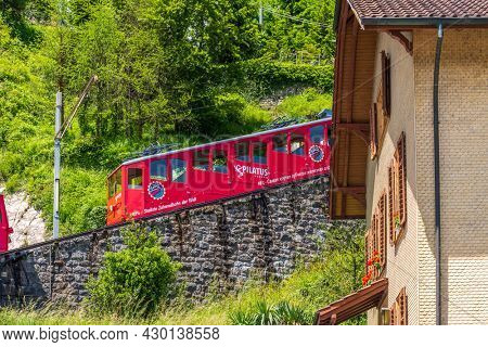 Luzern, Switzerland, June 05, 2016: Cog train and railway on Pilatus Mountain. Switzerland.