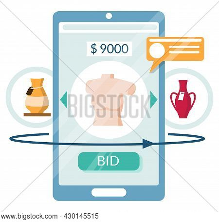 Mobile Phone Auction. Antique Vase, Sculpture Art Sale, Vector Illustration. Market Trade. Online Au