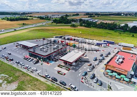 Trucks On Parking Near Gas Station, Shop Store And Mc Donalds Restaurant. Katy Wroclawskie, Poland -