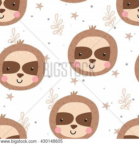 Seamless Pattern With Cute Doodle Sloth Print