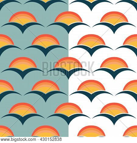 70s Fashion Style, Rainbow Sunset Seamless Pattern. Geometric Half Circle, Stylized Seagal Shapes. W