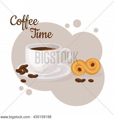 Cup Of Coffee And Lussekatt. Coffee Time Concept. Isolated Hand Drawn Vector Illustration Of Cute Br