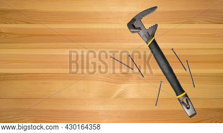 Workbench, Multifunctional Hammer, Nails. Joinery Craft, Carpentry Background. Tools Wood Processing