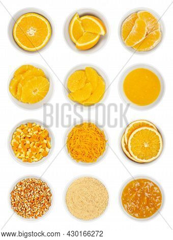 Oranges In White Bowls. Fresh Orange Half, Wedges, Segments, Cross Sections, Supreme Cut And Squeeze