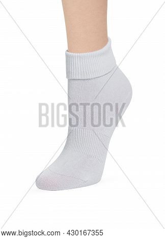White Color Short Mini Socks Mockup For Design Isolated On White Background. Set Of Short Socks For 