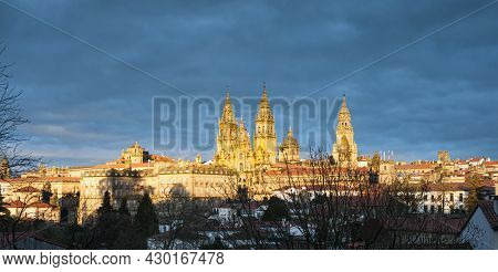 View Of Santiago De Compostela With Its Cathedral In The Background At Sunset. Compostela Holy Year.
