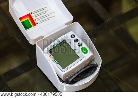 Close Up, Detail Of Blood Pressure Cuff Monitor Isolated. Digital Blood Pressure Measuring Device. B