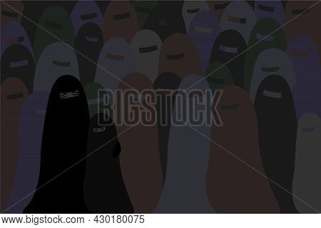 Mother With Dauther With Hijab Are Sad Against Group Of Muslim Women In Hijabs. Fight For Women Righ