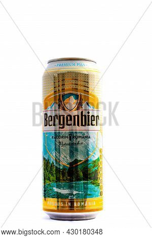 Can Of Bergenbier Beer Isolated On White. Illustrative Editorial Photo Shot In Bucharest, Romania, 2