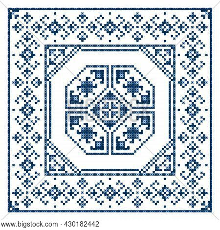 Bosnia And Herzegovina Embroidery Style Vector Design In Square Ornament In Frame  - Traditional Cro