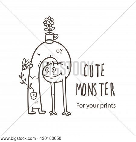 Vector Card With Cute Cartoon Monster. Funny Animal And Flowers. Doodle Line Art Creature Print. Chi