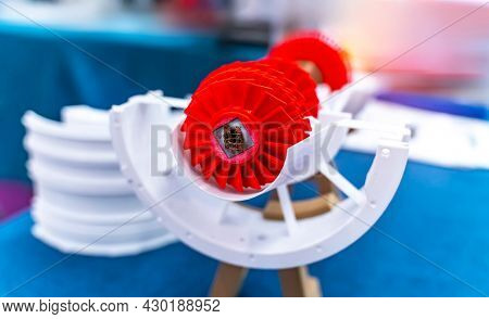 3d printed jet engine scale model. High bypass aircraft turbofan plastic replica.