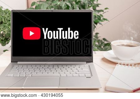 Moscow, Russia - August 17, 2021 : Laptop Computer Displaying Logo Of Youtube. Youtube Is Video-shar