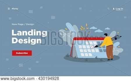 Tiny Man In Front Of Giant Calendar Cartoon Vector Illustration. Person Highlighting Specific Date O