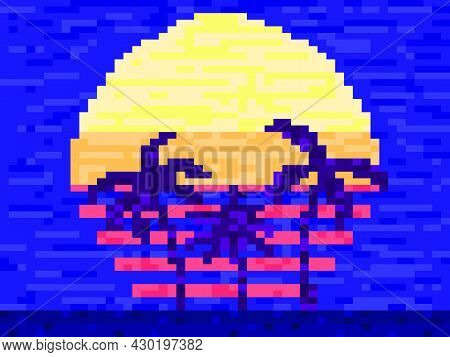 Pixel Art Palm Trees At Sunset In 80s Style. 8-bit Sun Synthwave And Retrowave. Retro 8-bit Video Ga