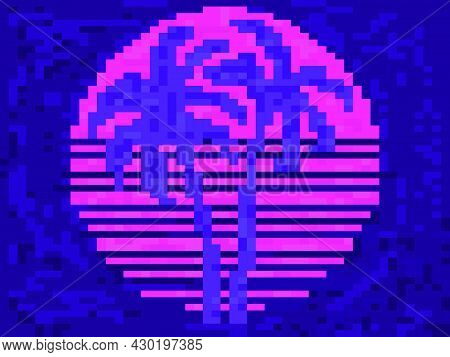 Pixel Art Palm Trees At Sunset In 80s Style. 8-bit Sun Synthwave And Retrowave. Retro 8-bit Video Ga