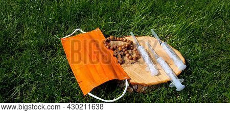 Vaccine, Syringe, Medical Face Masks And Snowdrop Flowers  Coronavirus, Covid-19 Vaccination Concept