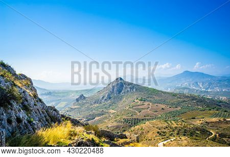 Castle Of Acrocorinth Above Archaeological Site Of Ancient Corinth, Peloponnese, Greece