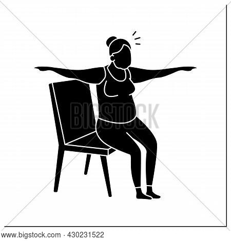 Chair Yoga Glyph Icon. Old Woman Sitting On Chair. Yoga Exercises. Sport Life. Prevention Diseases. 