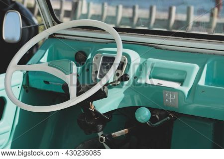 Formentera, Spain: 2021 August 17: Retro Citroen Mehari In Light Blue And White On Mijorn Beach In F