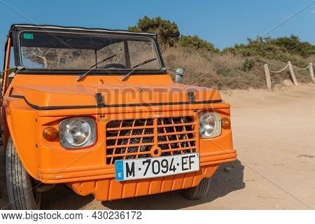 Formentera, Spain: 2021 August 17: Retro Citroen Mehari In Light Blue And White On Mijorn Beach In F