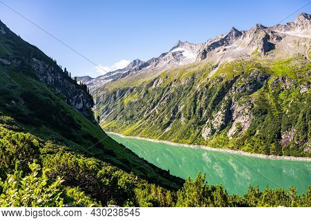 Beautiful Alpine Walley With Azure Blue Water Of Speicher Zillergrundl Dam, Zillertal Alps, Austria