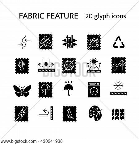 Fabric Feature Glyph Icons Set. Stretch Textile. Moisture Resistant, Rain Cover. Fiber Quality. Mate