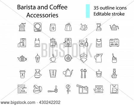 Coffee Making Tools Outline Icons Set. Coffee Beans In Bag. Barista Accessories. Customizable Symbol