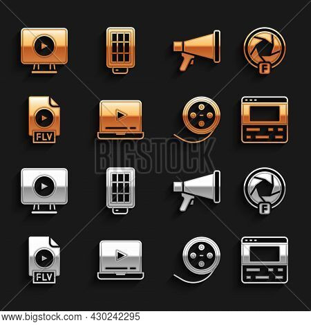 Set Online Play Video, Camera Shutter, Video Recorder On Laptop, Film Reel, Flv File Document, Megap