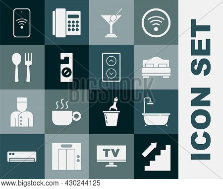 Set Stairs Up, Bathtub With Shower, Hotel Room Bed, Martini Glass, Please Do Not Disturb, Fork And S