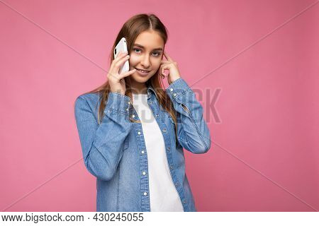 Photo Of Beautiful Smiling Happy Young Blonde Female Peson Wearing Casual Blue Jean Shirt Isolated O