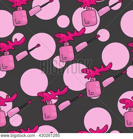 Seamless Pattern Of Pink Bottles With Nail Polishes, Splashes And Pink Circles On A Gray Background 