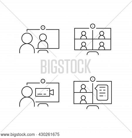 Simple Set Of Online Meeting Related Line Icons Isolated. Video Conference Concept. Distance Work An