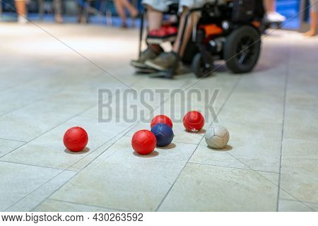 Disabled Boccia Player Playing On A Wheelchair
