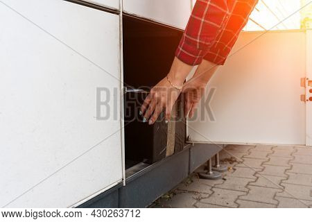 Post Locker. Delivery Automat Terminal And Hands With Parcel Courier Box. Parcel Delivery, Pickup Po
