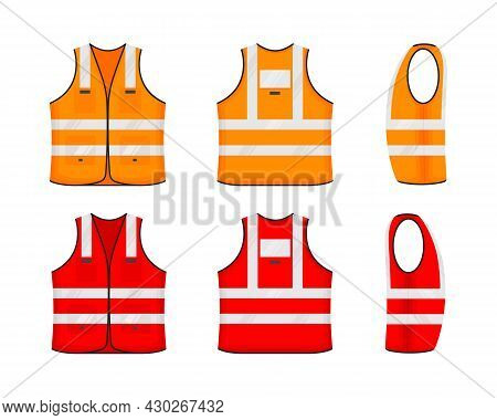Safety Reflective Vest Icon Sign Flat Style Design Vector Illustration Set. Orange And Red Fluoresce