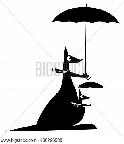 Cartoon Kangaroo With A Baby In The Marsupium Illustration. 
Funny Kangaroo And Its Baby With Umbrel