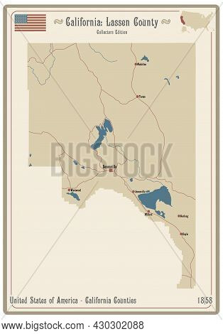 Map On An Old Playing Card Of Lassen County In California, Usa.