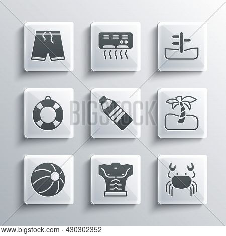 Set Bodybuilder Muscle, Crab, Tropical Palm Tree, Bottle Of Water, Beach Ball, Lifebuoy, Swimming Tr