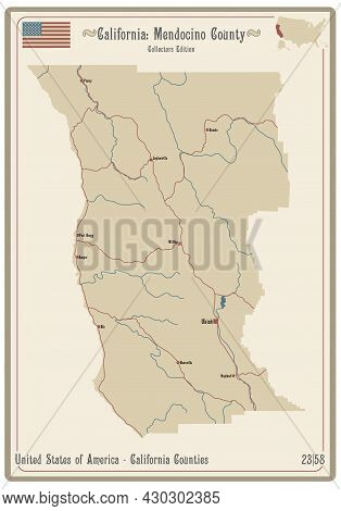 Map On An Old Playing Card Of Mendocino County In California, Usa.