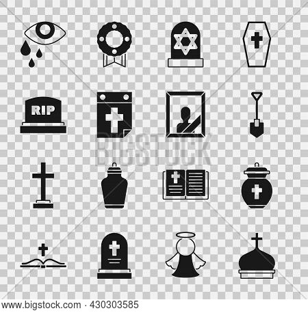 Set Church Tower, Funeral Urn, Shovel, Grave With Star Of David, Calendar Death, Tombstone Rip Writt