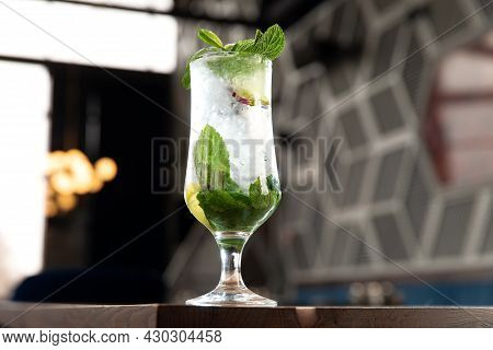 Majito Cocktail In A Glass. Close-up. Selective Focus