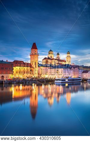 Passau Skyline, Germany. Cityscape Image Of Passau Skyline, Bavaria, Germany At Dramatic Sunset.