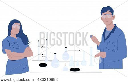 Scientists In Medical Coats Vector Stock Illustration. Chemical Laboratory. Test Tubes And Beakers A