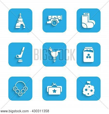 Set Cockerel Lollipop, Ushanka, Moon With Flag, Jar Of Honey, Russian Bagels, Ice Hockey Stick And P
