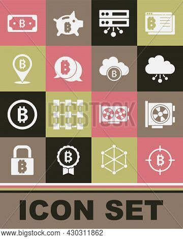 Set Bitcoin In The Target, Video Graphic Card, Cryptocurrency Cloud Mining, Server, Bitcoin And Icon